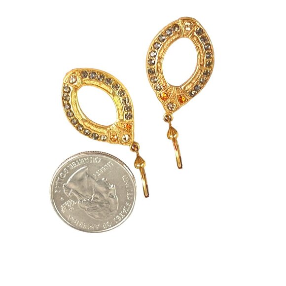 Vintage Gold Tone Dangling Earrings With Rhinestones & Oval Cutouts - 1.5" Long - Picture 3 of 6